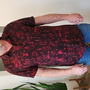 Social Collision Ancient Monsters Allover Print Button-Up Grunge Goth Black XL